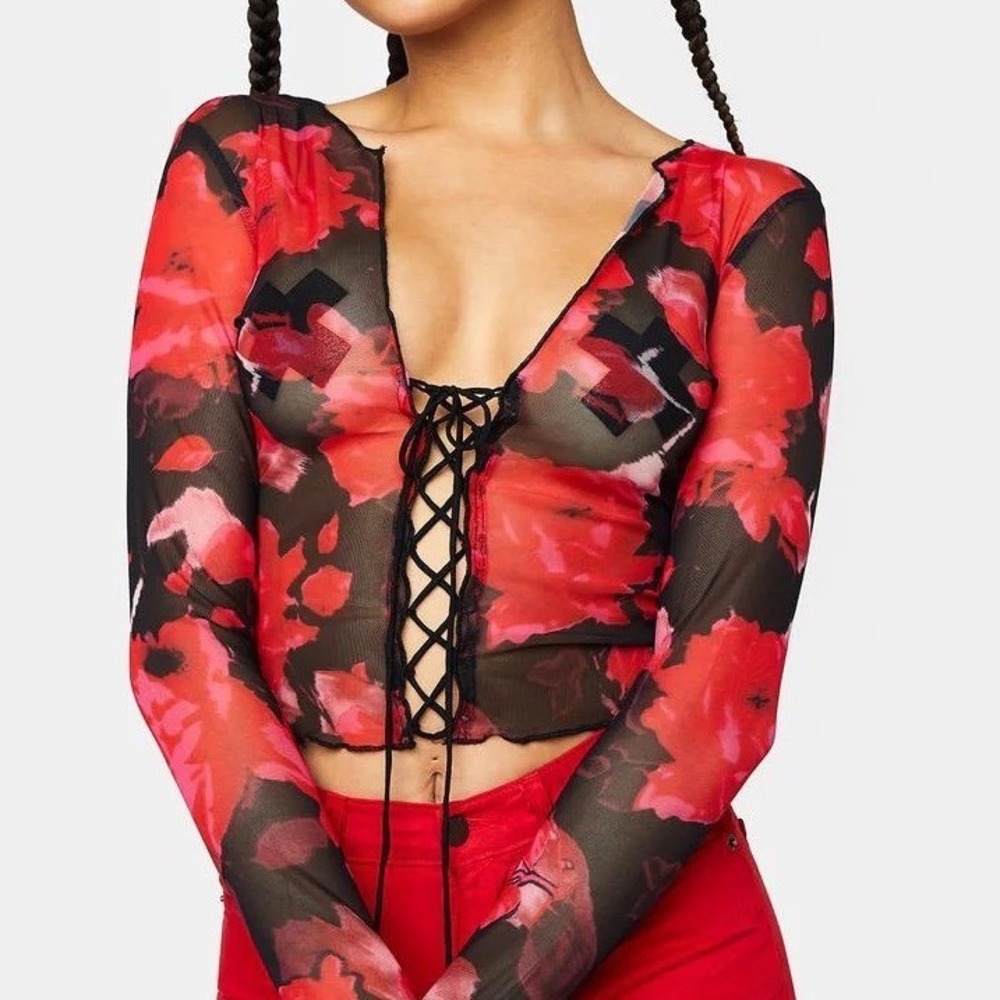 Y2K 90s Red Black Sheer Floral Mesh Corset Tie-Front Grunge Whimsigoth Punk Sz S